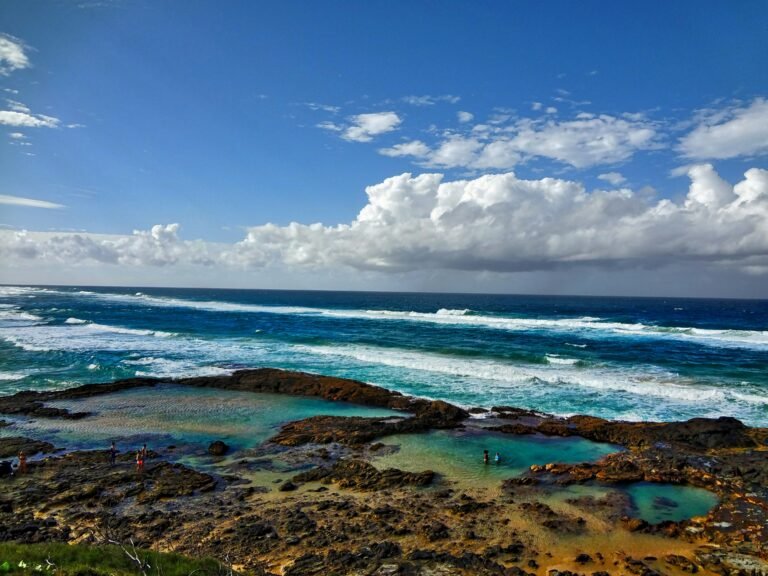 green-grass-on-brown-rock-formation-near-sea-under-blue-and-white-cloudy-sky-during-daytime